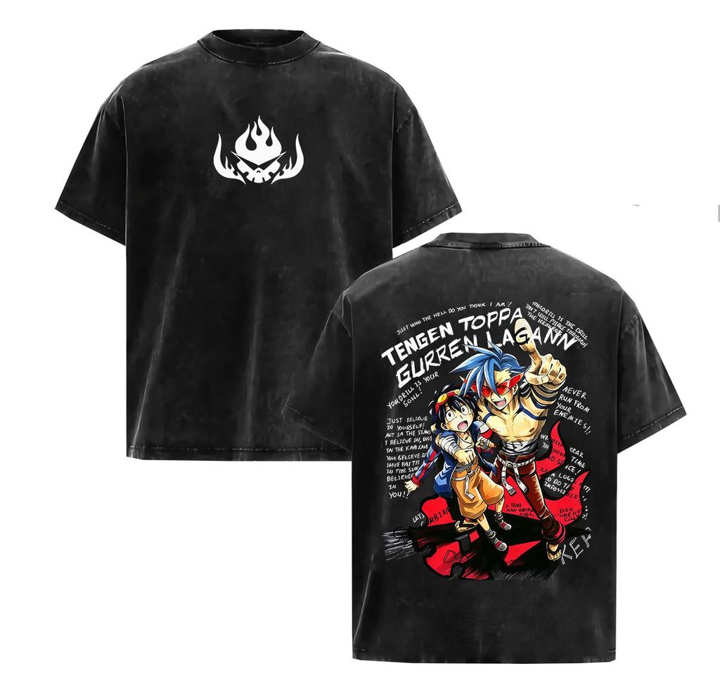 Vintage Washed Anime Tengen Toppa Gurren Lagann Graphic T Shirt Unisexs Oversized Harajuku Fashion Short Sleeve Tshirt Streetwear
