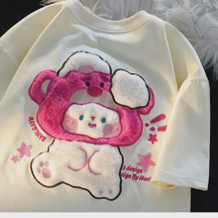 Women's Summer Bear & Rabbit Cotton T-shirt - Short-Sleeve, Loose Fit, Trendy Design