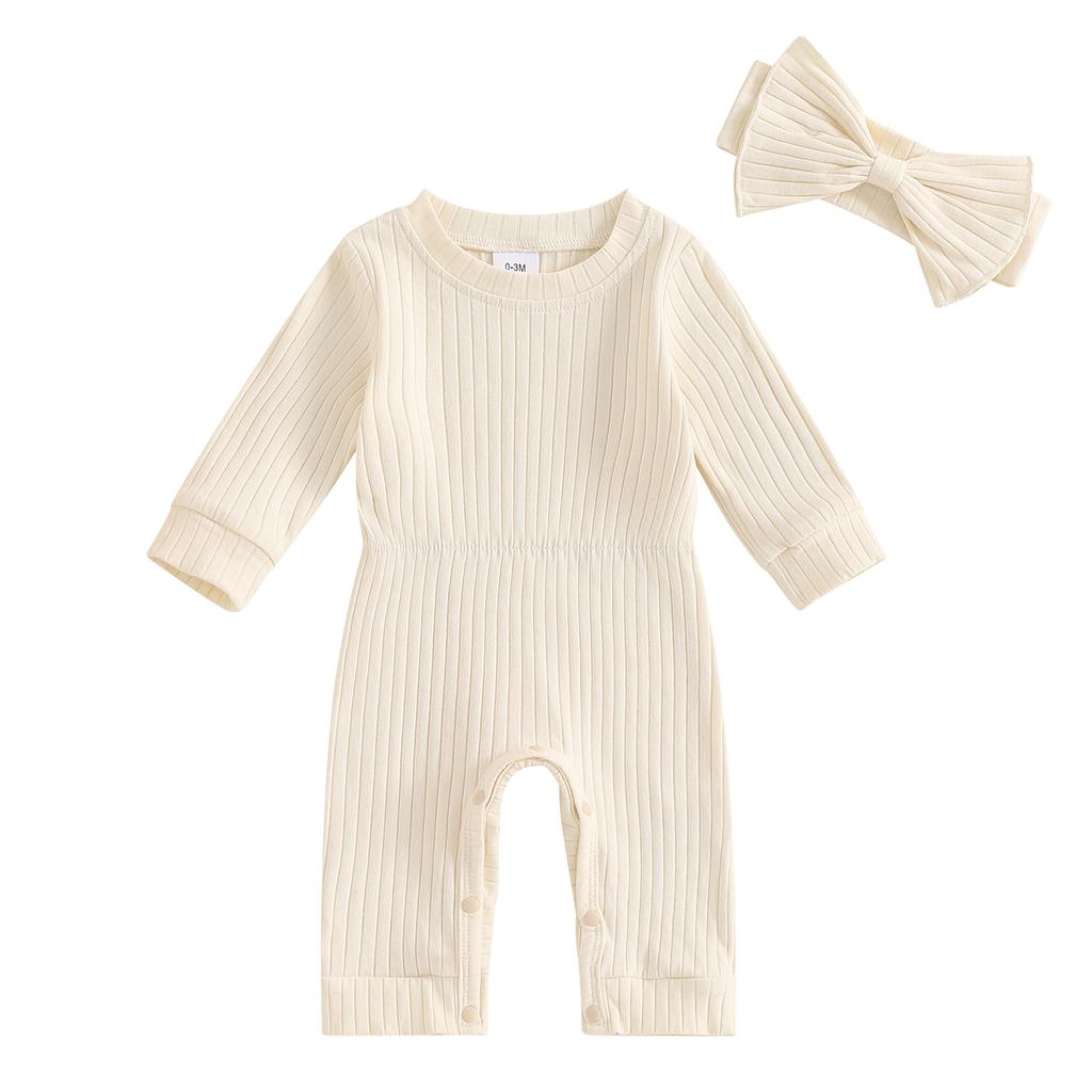 Citgeett Autumn Infant Baby Girl Fall Outfits Long Sleeve Ribbed Jumpsuit Headband Set Fall Clothes