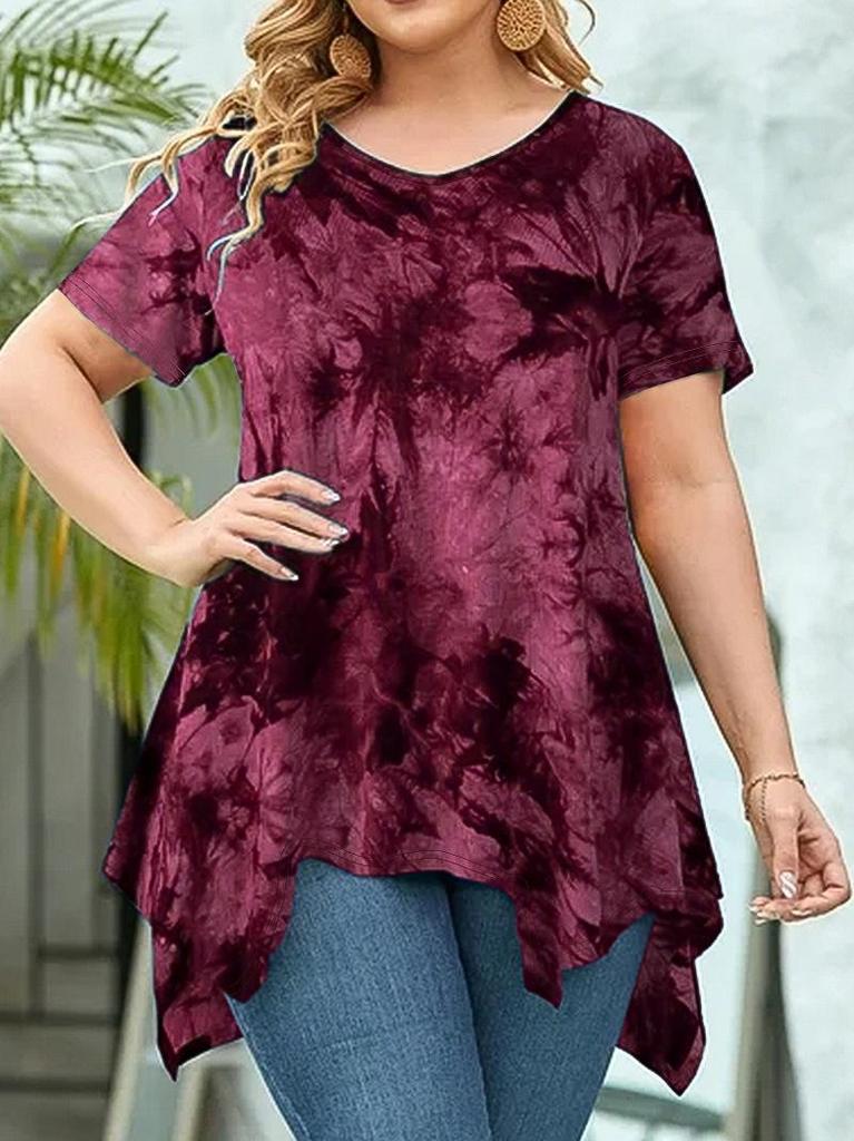 Women's Plus Size Tie-dye V-neck Irregular Hem Short Sleeve Loose Top