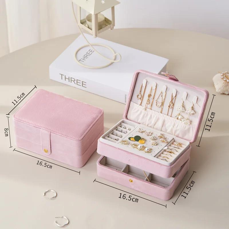 Plush Velvet Travel Jewelry Organizer Box Jewelry Case 2 Layer Jewelry Box for Women Portable Organizer Boxes for Rings Earrings