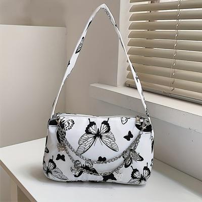 Trendy Zipper Shoulder Bag Mini Fashion Butterfly Pattern Underarm Bag Small Stylish Chain Decor Purse