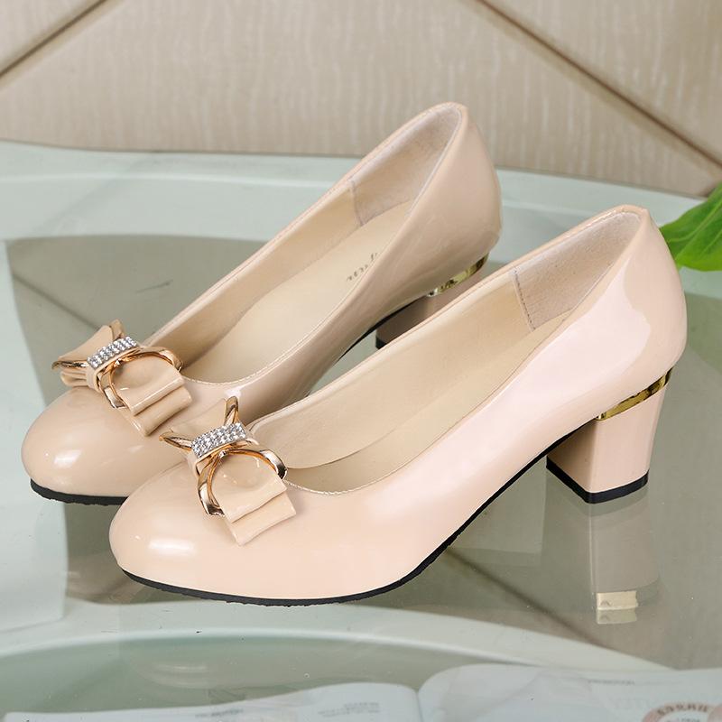 Fashionable High Heels for Women with A Shallow Mouth, Large Size, Thick Heels and Round-toe Bowknots Pumps for Women
