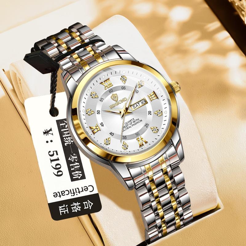 Binbang Quartz Movement Waterproof Luminous Business Fashion Double Calendar Diamond Steel Belt Butterfly Buckle Men's Watch