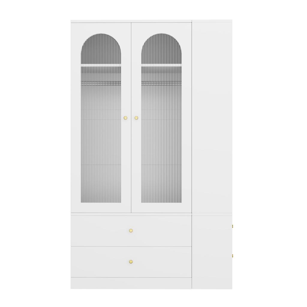 Kleiderschrank Weiß, 120 x 50 x 200 cm, 4 Schubladen, 2 Glastüren und 2 Kleiderstangen, Moderner Schlafzimmerschrank, für Schlafzimmer, Kinderzimmer, Büro