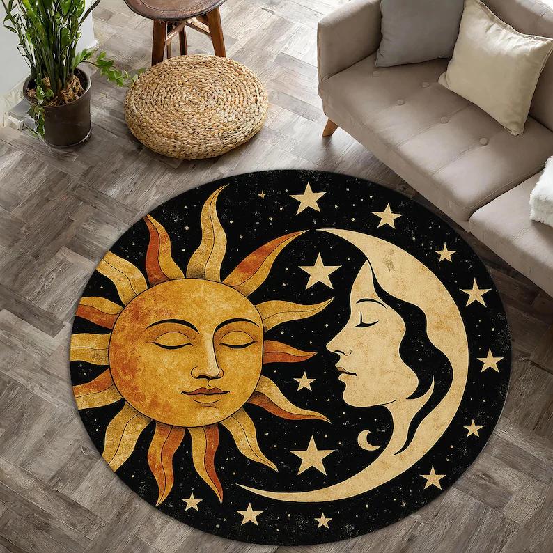 Celestial Sun Round Mat Gothic Sun Stars Carpet Punk Rock Goth Mat Halloween Round Mat,Witch Room Round Mat Starry Sky Round Rug