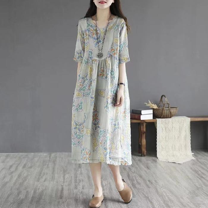 

Large size retro ethnic style floral high waist and thin temperament age-reducing a-word medium and long dress 3XL