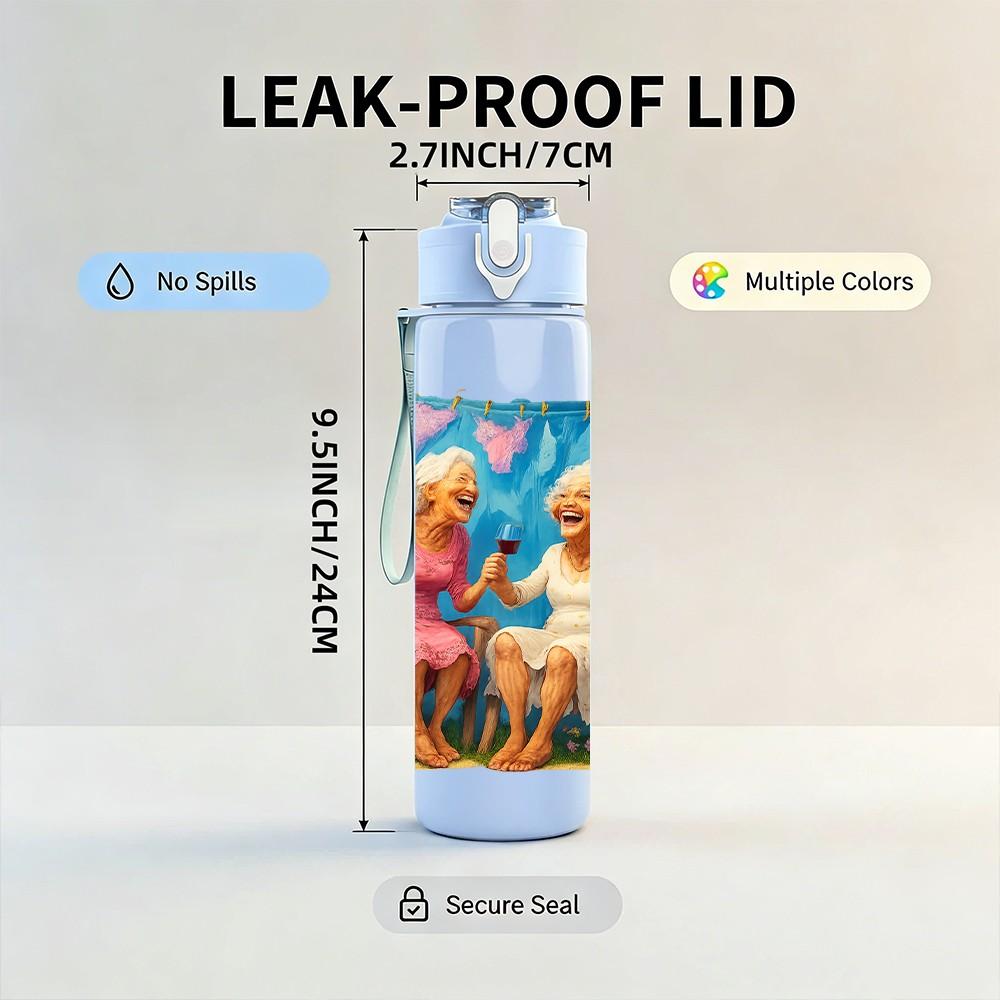 1PC Two Elderly Lady Warm Scene 750ml Color Plastic Sports Water Bottle Leakproof Flip Straw Lid For Sports Office Home Use