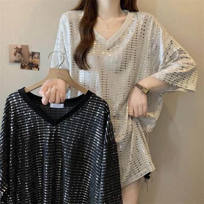 Large Size T-shirt Loose Comfortable  Ing Shirt Loose Versatile Casual T-shirt V-neck Short-sleeved Tops Female