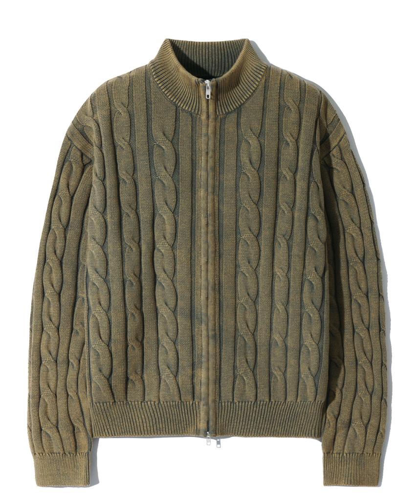 TRILLION Vintage Washed Cable 2-Way Zip-Up Knit (Beige Khaki)