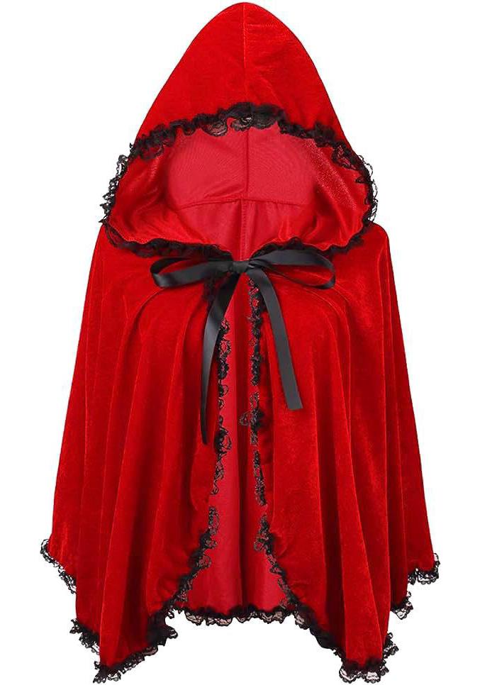 Dámská červená kapuce s krajkovým lemem - Halloweenský kostým plášť krátký retro trenčkot jevištní oděv