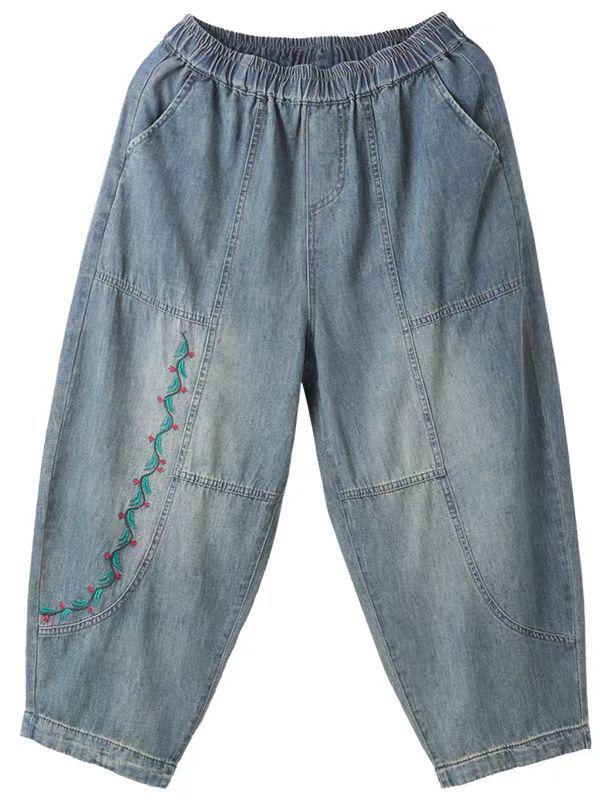 Plus Size Retro Embroidered Harem Denim Cropped Pants for Women - Casual Autumn Elastic Fit