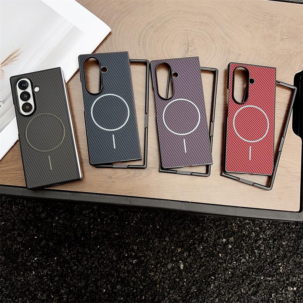 For Samsung Galaxy Z Fold 7 Case Hard PU Carbon Fiber Magnetic Wireless Charging Protective for Z Fold 7 6 5 4 3 Back Cover