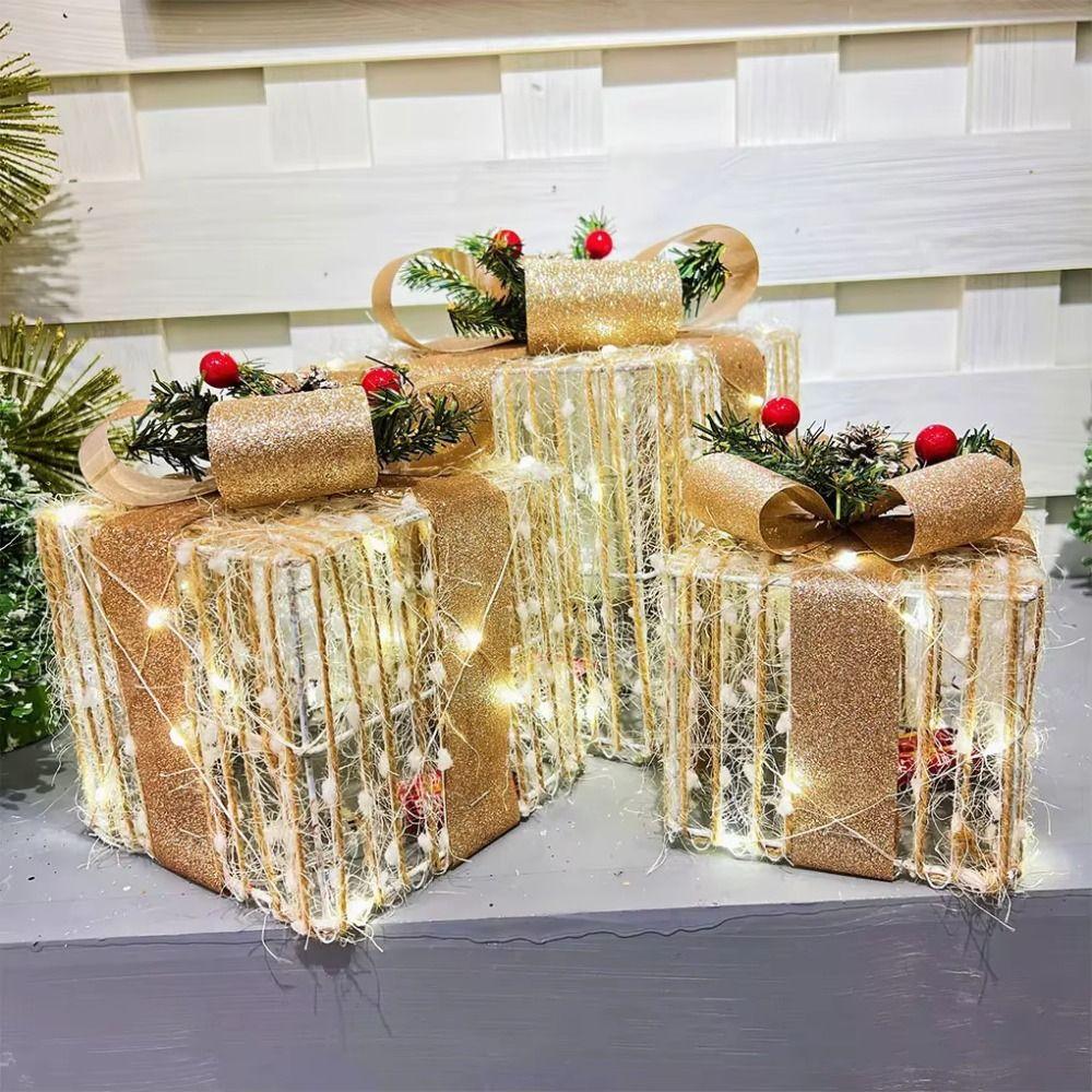 3pcs Plush Design Christmas Light Up Boxes Versatile Lighted Gift Boxes Outdoor Decor