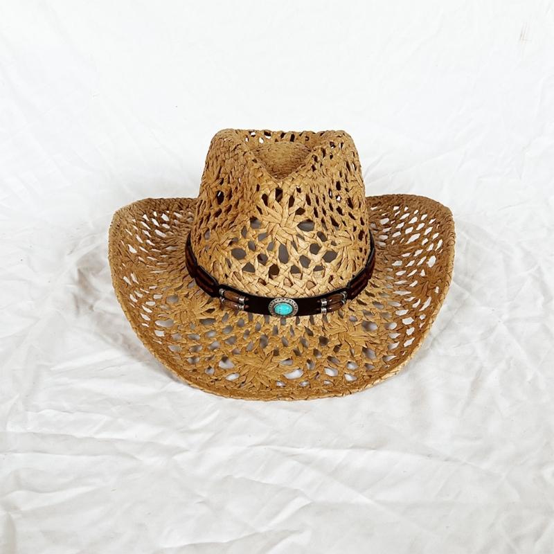 Western Hat Handcrafted Openwork Design Lightweight Paper Straw Sun Hat Adjustable For Beach Travel Outdoor Event