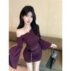 One-word shoulder horn sleeve purple dress women's autumn and winter sexy hip-wrapped mom skirt socialite shows body inside skirt