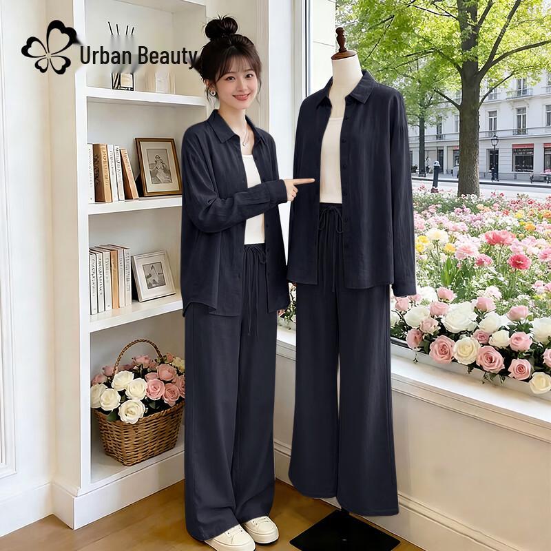 

Women s Linen Blend Polo Shirt & Wide-Leg Pants Set XL