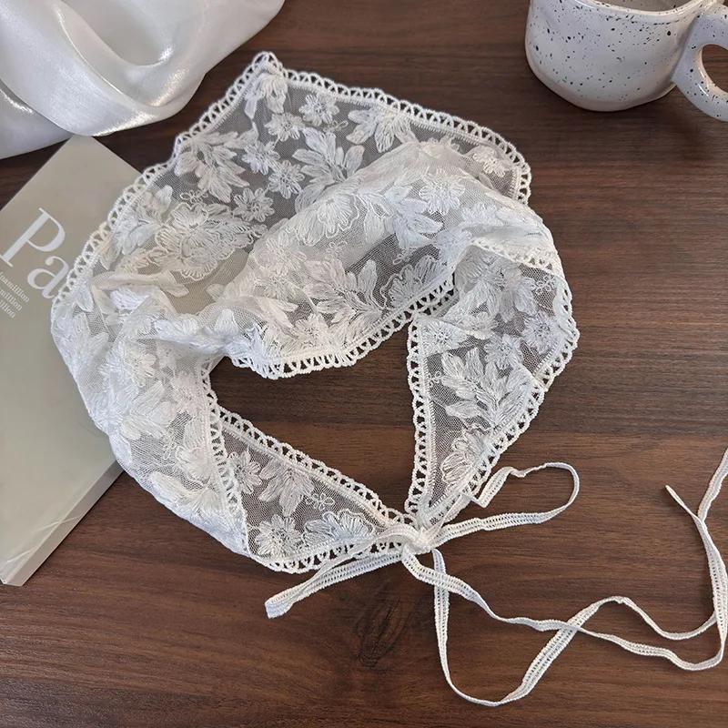 Summer White Woven Floral Lace Hair Scarf Wraps Women Retro Triangle Headscarf Hat Travel Photo Headband Hair Accessories