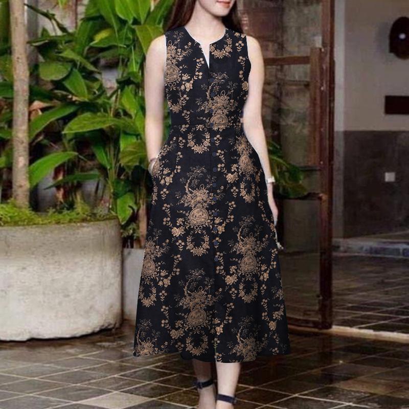 

ZANZEA Літня повсякденна бавовняна сукня без рукавів з принтом 5XL темно-синього кольору