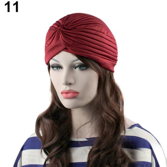 Modische Damen Indischer Stil Dehnbar Plissiert Turban Hut Kappe Kopfwickel Bandana