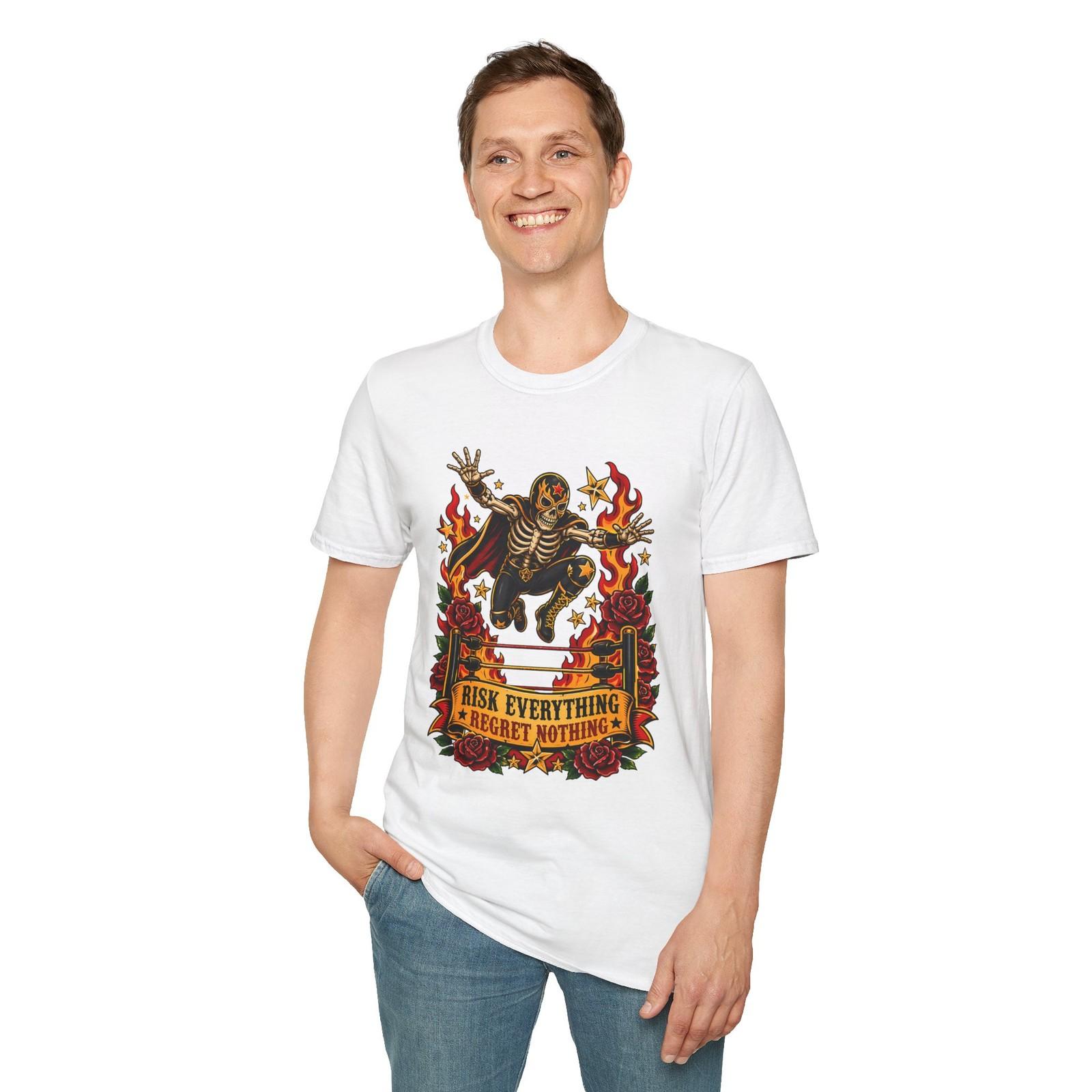 Skeleton Lucha Wrestler Retro Flames Roses Unisex Softstyle T-Shirt S