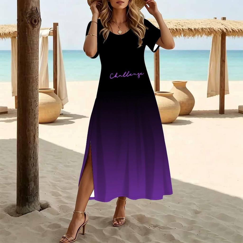 Women Fashion Round Neck Colorful Splicing Printed Short Sleeve Side Slit Dress Casual Vacation Dress Long Loose Dress