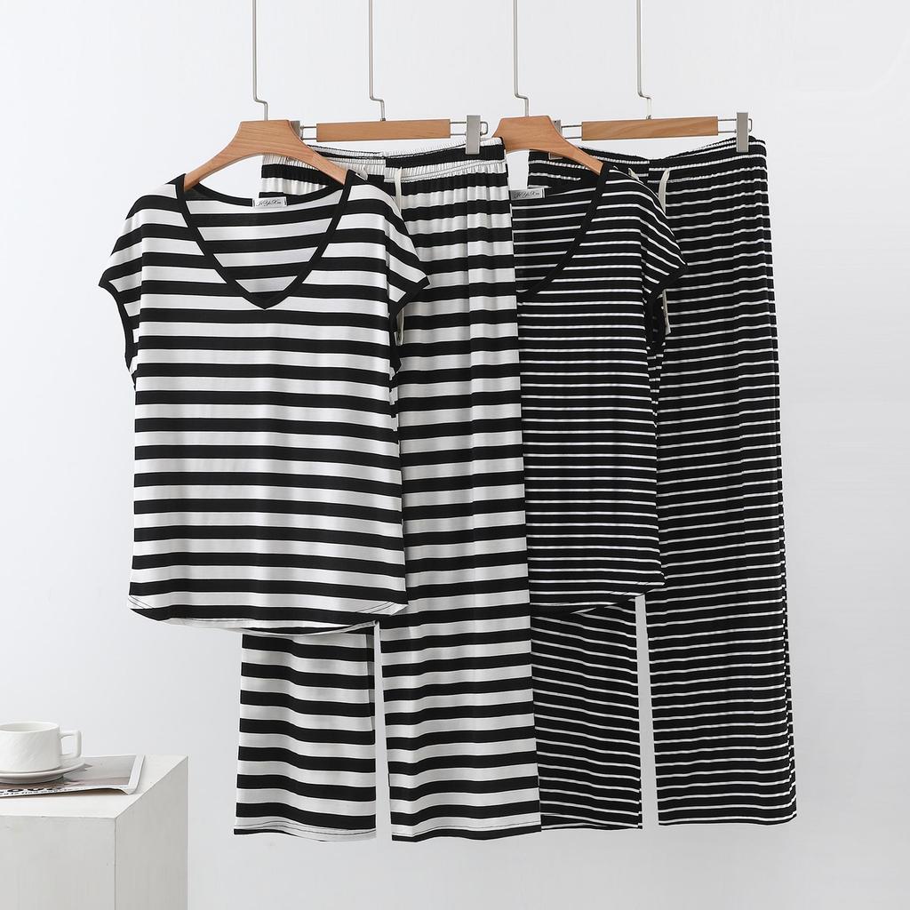 Modal Black & White Striped V-Neck Sleeveless Casual Two-Piece Women's Set with Long Pants