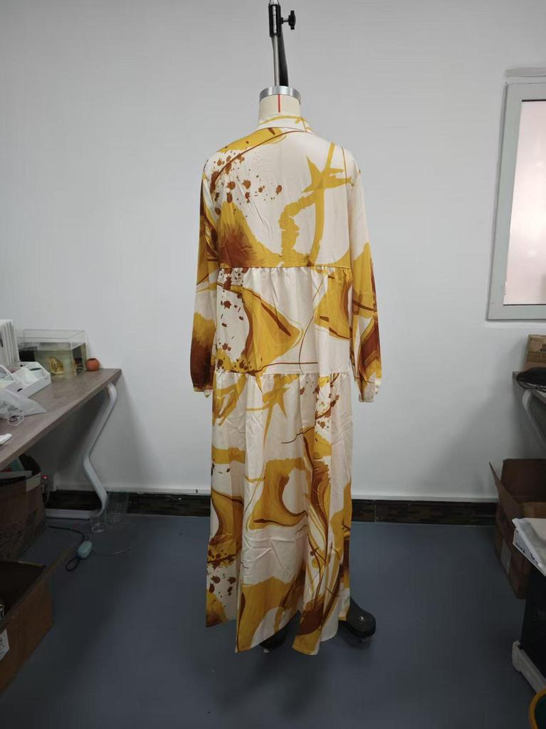 European 2025 V-Neck Long Sleeve Casual Loose Printed Dress for Women