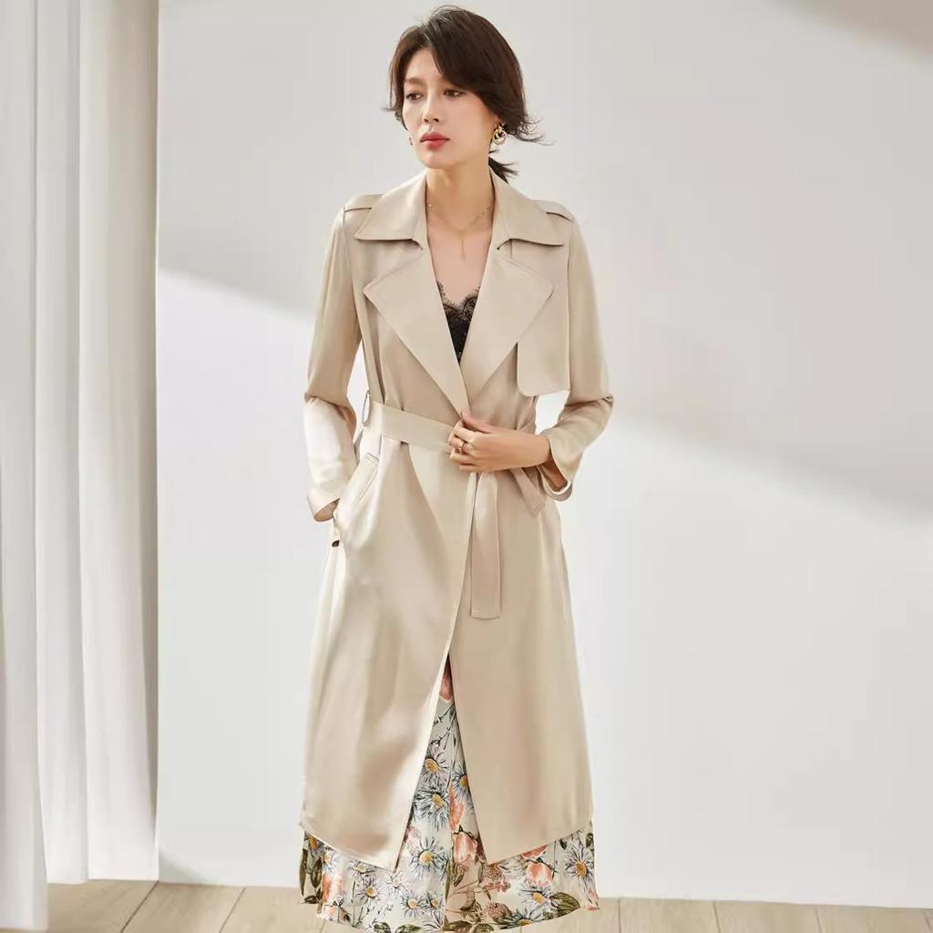 Shenghong spring and autumn pendant atmospheric satin acetic acid handsome medium and long casual thin trench coat women 13086
