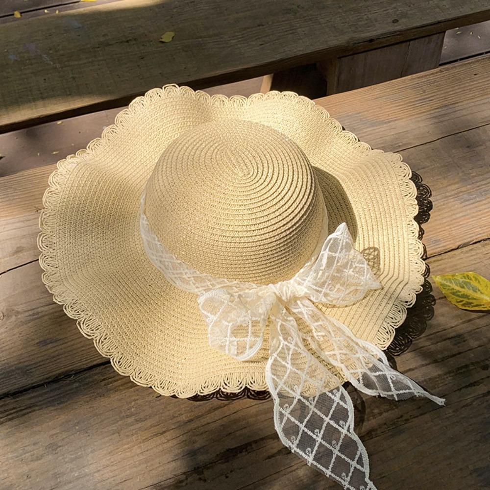 Big Brim Lace Straw Hat Spring Summer Women's Sun Hat Elegant Bow Ribbon Straw Hat  Lady