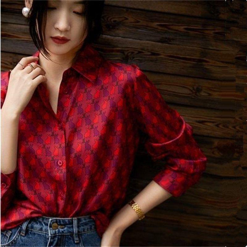 

Women s Premium Rabbit Print Long Sleeve Shirt Vintage Red Satin Button Down Blouse Spring Designer Casual Top S красный