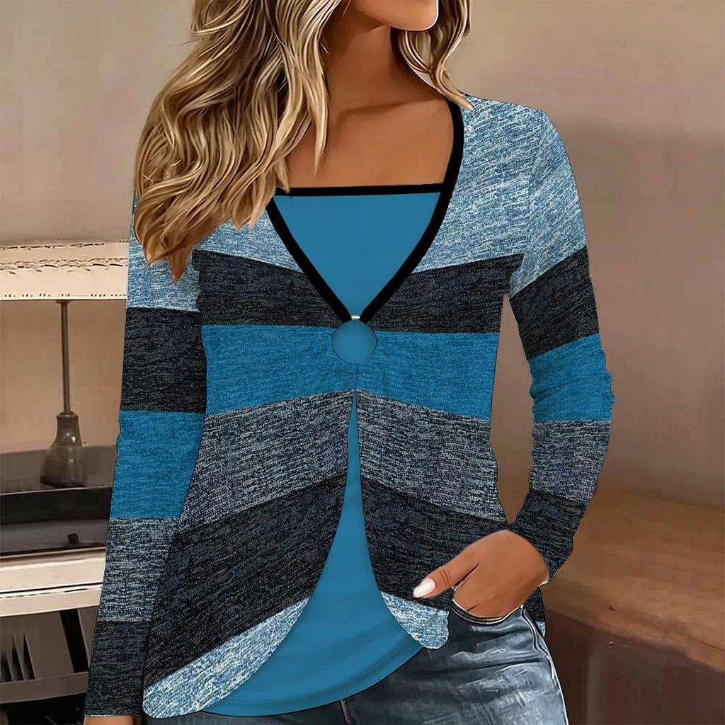 Tops for Women Geometric Print Long Sleeve Fake Two‑Piece Top Fall Casual Slim Pullover Women's Long Sleeve Top