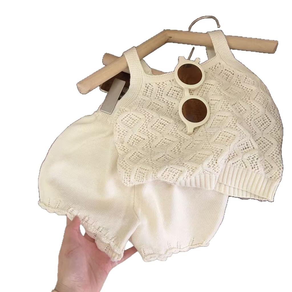 Summer Girls Knit Camisole And Shorts Set Hollow Out Breathable Thin Two Piece Outfit For Kids