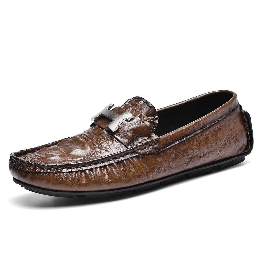 Winter warm velvet beanie shoes crocodile pattern lazy driving shoes British casual men's leather shoes genuine leather cowhide cotton shoes
