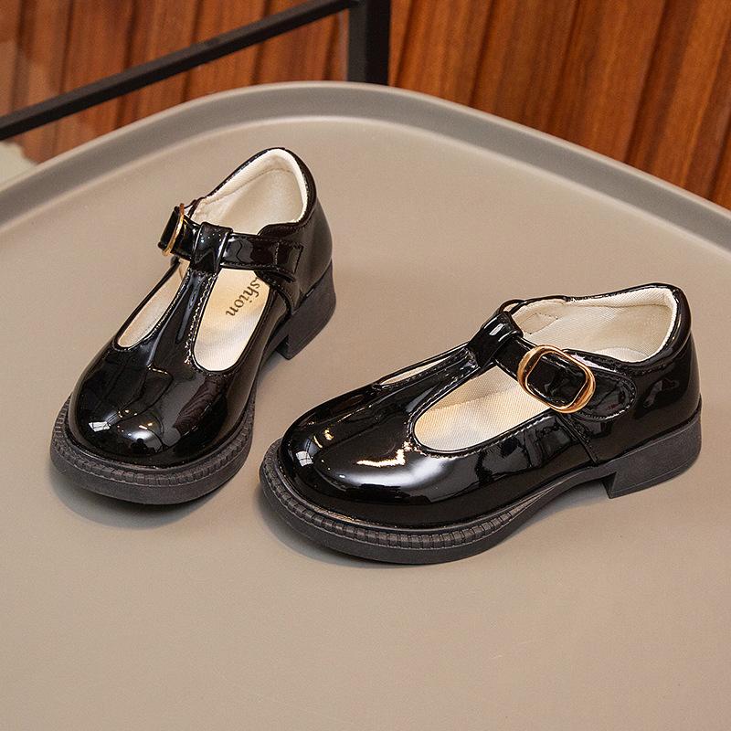 

Детские туфли для девочек из кожи Детские кожаные туфли на плоской подошве с Т-образным ремешком Простые классические туфли с пряжкой 26 чёрный