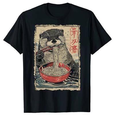 Lustiger Otter isst Ramen Anime Grafik T-Shirts Herren und Damen Mode Lässiges T-Shirt Shirt Sommerkleidung Atmungsaktive Baumwolle
