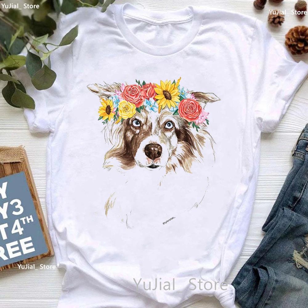 Golden Retriever Hunting Dogs Animal Print T Shirt For Girls Australian Shepherd Dog With Flower Tshirt Unisex Harajuku Shirt