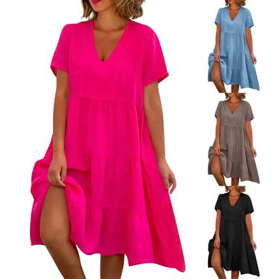 Fashion Women's Summer V Neck Casual Fashion Color Pullover Dress