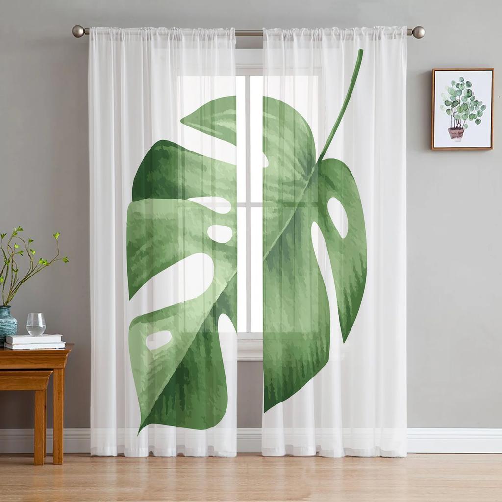 Luxury Tropical Plants Monstera Palm Leaves Curtains Living Room Printed Tulle Window Curtain Home Balcony Decor Drapes With Sheer Polyester Perfect
