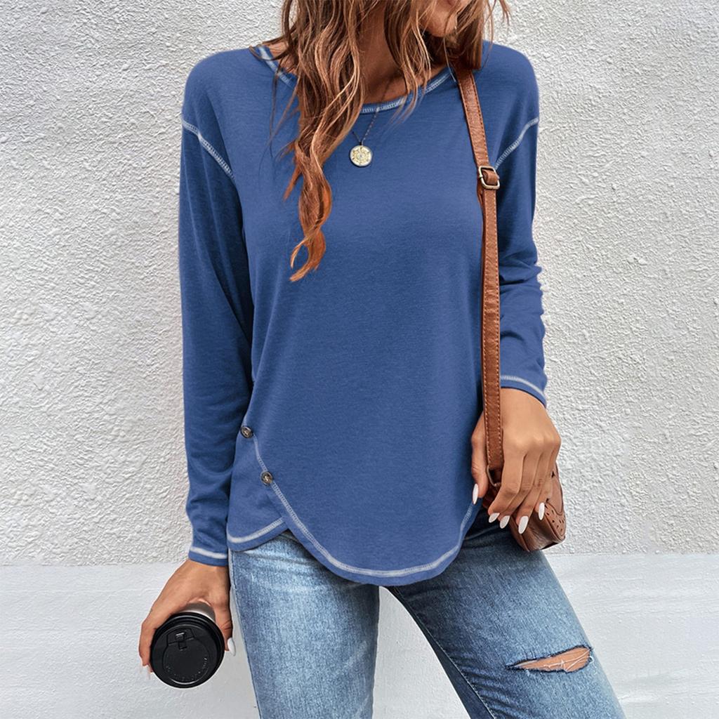 T-shirt Femme Couleur Lâche Boutonnage Bord Irrégulier Manches Longues