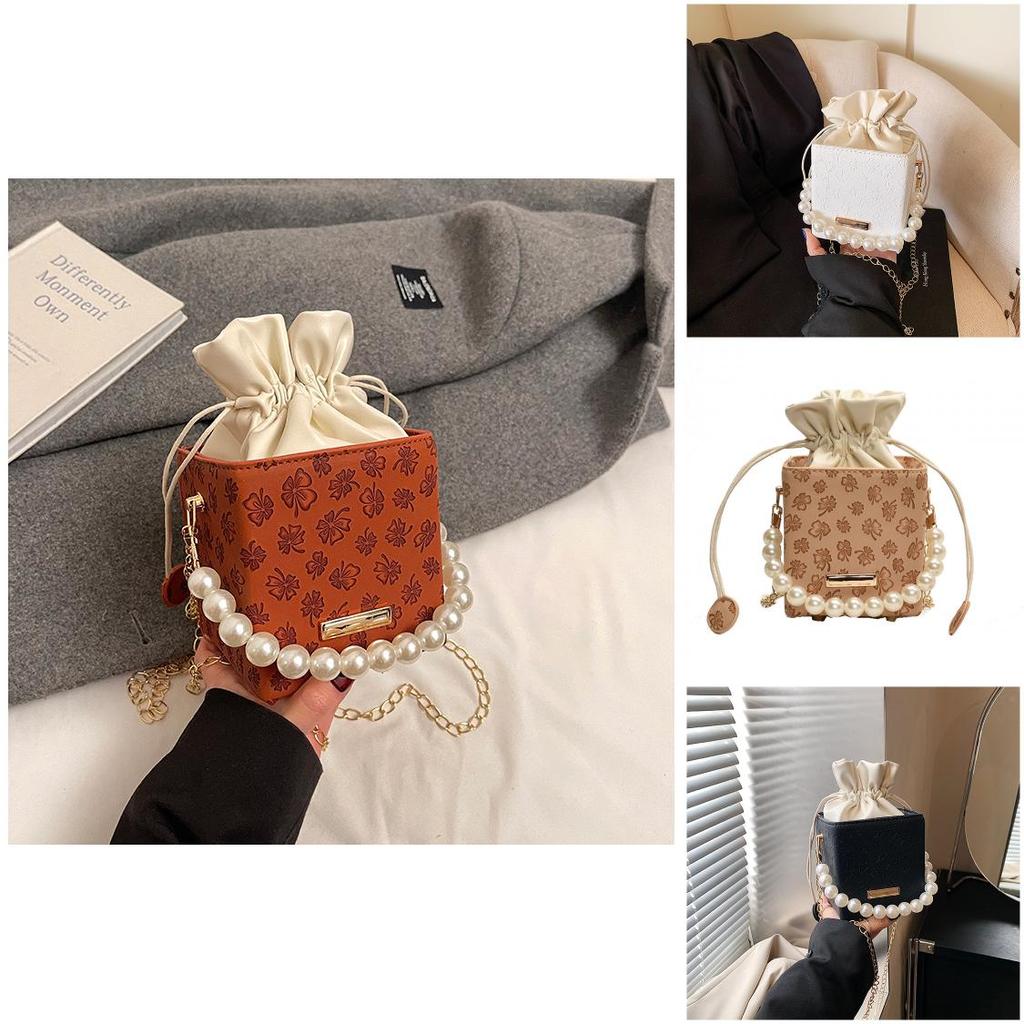 Small Square Pu Bag With Drawstring Closure For Womens Everyday Wear