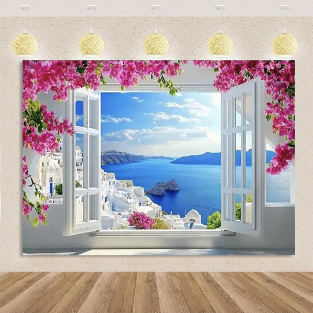Nordische Griechische Landschaft Hausparty Dekorationen Inselstadt Santorin Blaue Kuppel Kirche Ägäis von Santorin Fotografie Hintergrund