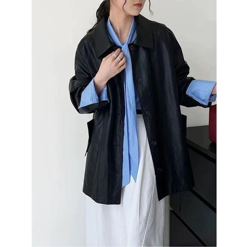 Womens Faux Leather Jacket Mid-Length Casual Lapel Fashion
