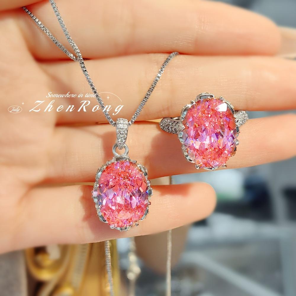 Luxury Alexandrite Pendant Vintage Rose Pink Diamond Ice Cut Ring Set Women Jewelry