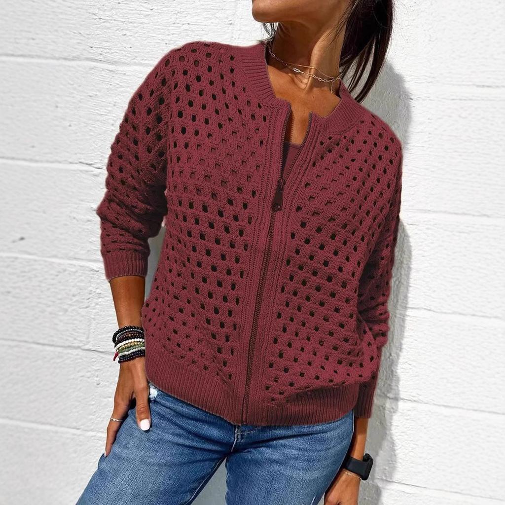 Women's Black Mesh Knit Cardigan with Zipper and Lace-Up Sleeve Detailing