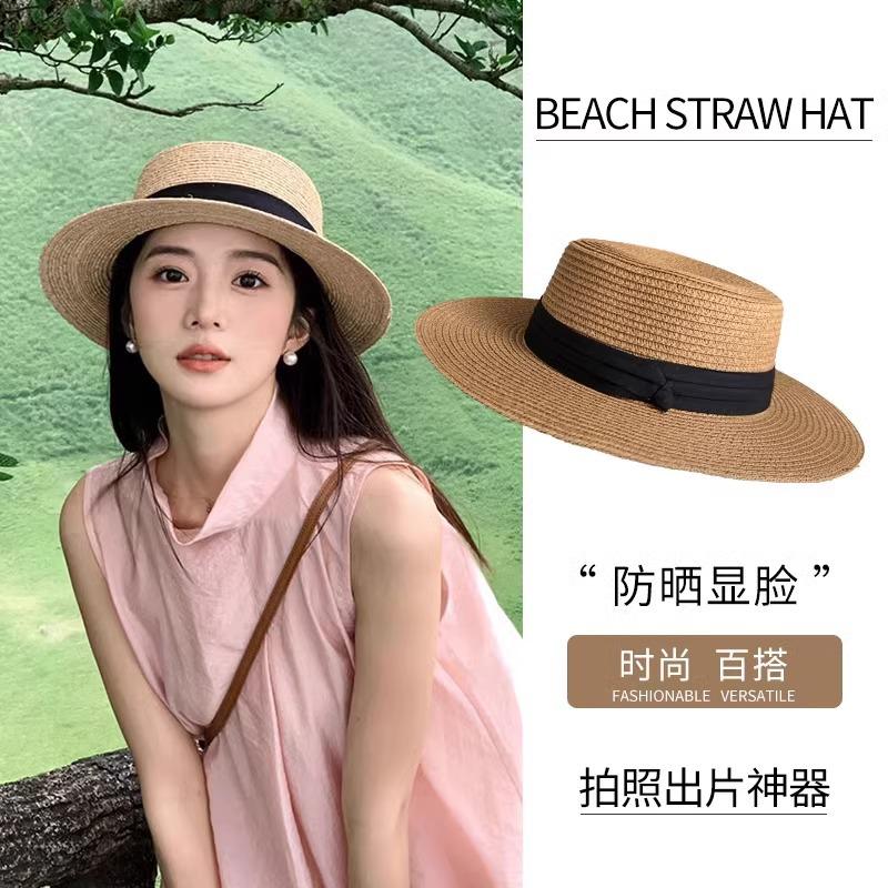 Flat top straw hat women's summer sunshade big head circumference flat brim seaside beach vacation top hat sunscreen sun hat