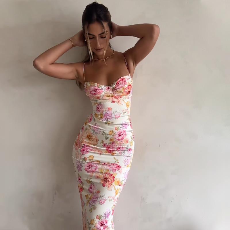 New Fashion Sleeveless Printed Sexy Backless Suspender Dress Slim Fit Elegant Bodycon Summer Party Long Dress Female Streetwear Casual Clothing