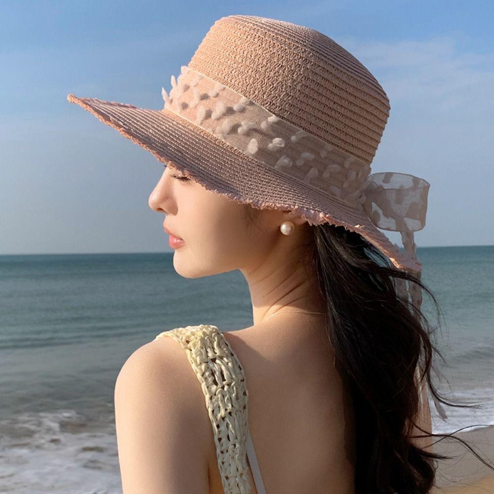 Fashion Large Brim Wide Brim Summer Sun Hat Lace Bowknot Anti Uv Sunshade Cap Sweet Breathable Straw Hat Seaside Vacation