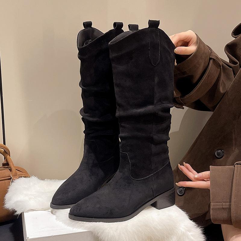 Vintage Wildleder Maillard Stiefel Damen Herbst und Winter Dicker Absatz Spitze Plissiert Flor Stiefel Western Cowboy Stiefel Kurz