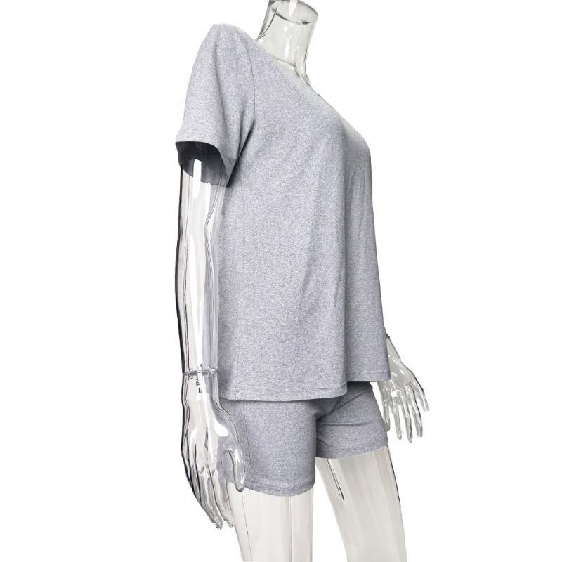 Women V Neck Short Sleeve Solid Color Casual Summer Two Piece Outfit Set